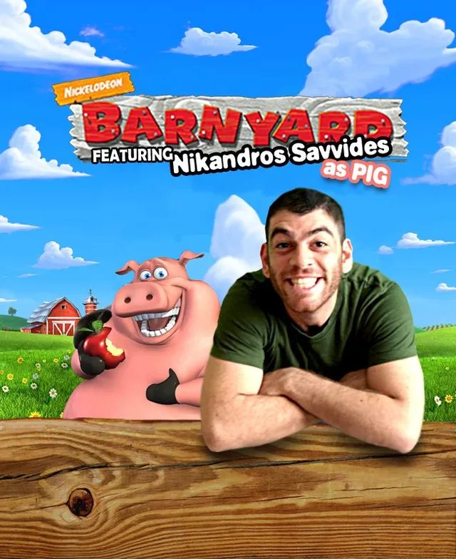 Προωθητική εικόνα Barnyard με τον Νίκανδρο Σαββίδη δίπλα στον χαρακτήρα του γουρουνιού.
